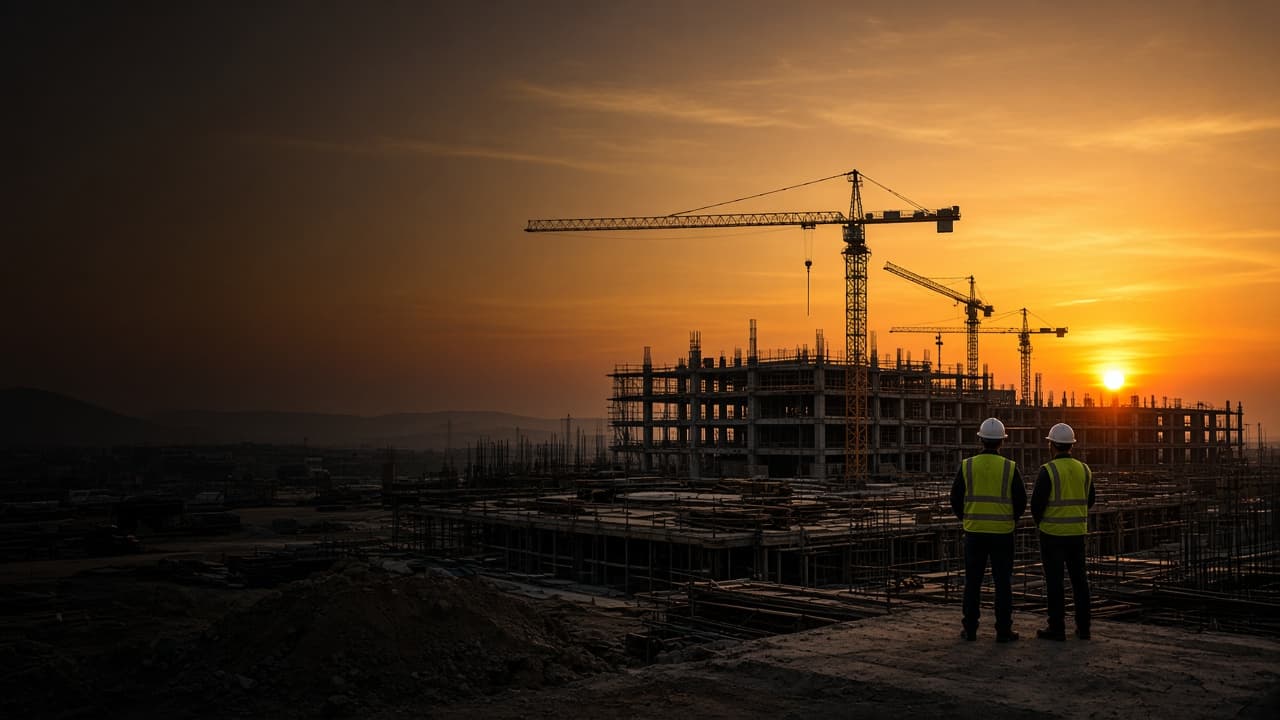 Illustration: construction site and contemporary structure